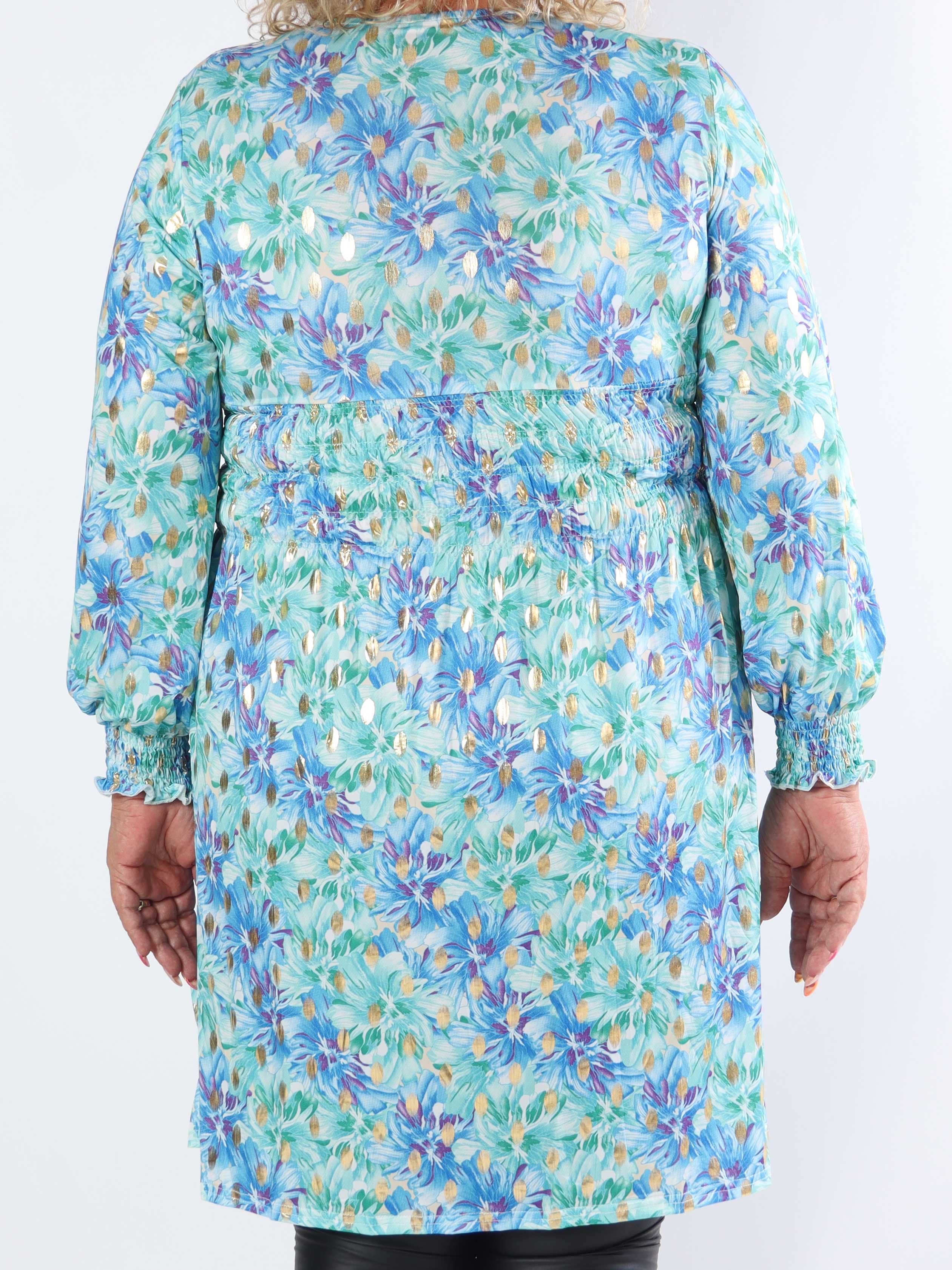 Pams Floral Short L/S - Elastisk plus size kjole med smock i livet